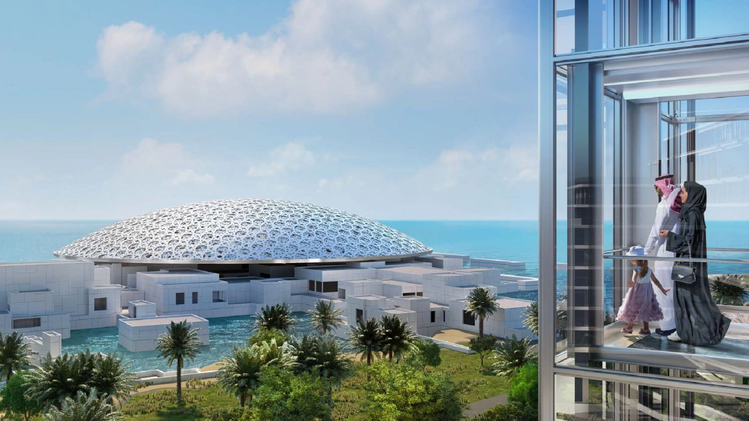 View over the dome of Louvre Abu Dhabi and the Saadiyat Cultural District from a residential terrace