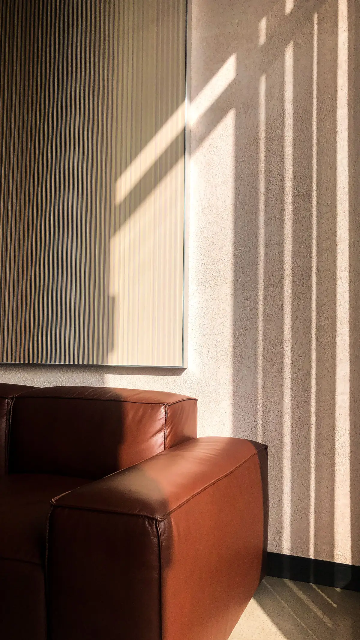 Afternoon sunlight casting window shadows across an interior wall